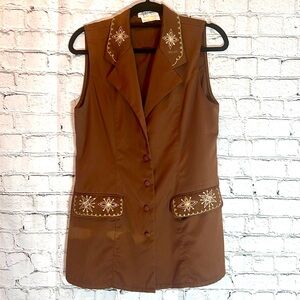 ⭐️ Appraisal vintage boho long brown embroidered vest deep pockets lapel M